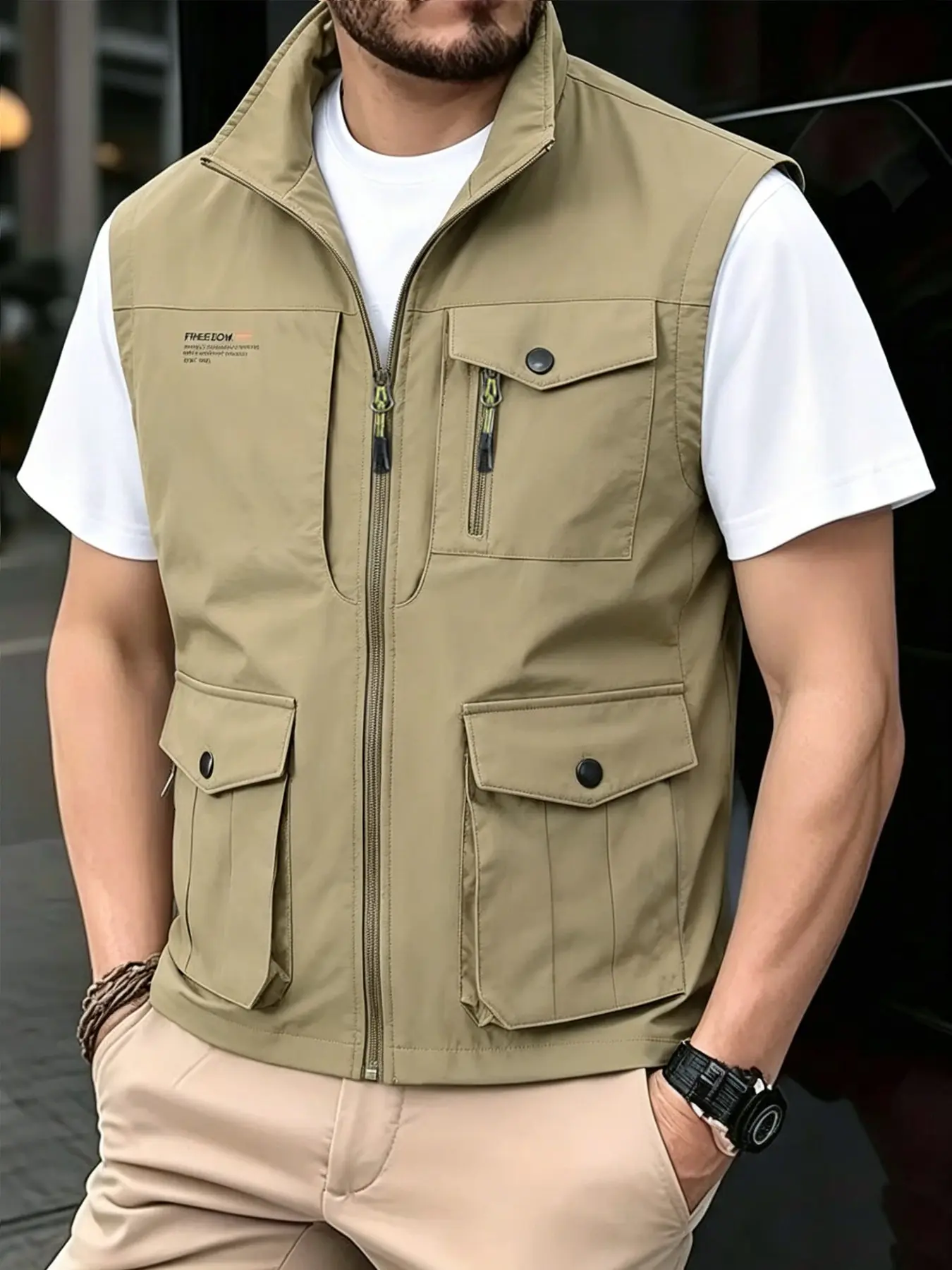 New Men's Vest Gilet for Spring Summer Fall, Multifunctional Utility Casual Stand Collar Zipper Multi-Pocket Workwear Outdoor Photography Fishing Cape Jacket