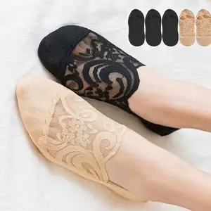 4/6Pairs Women's Summer Ultra-thin Lace Lined Socks, Comfortable and Breathable Silicone Anti Slip and Non Slip Shallow Mouth Invisible Socks, High-quality Ankle Socks