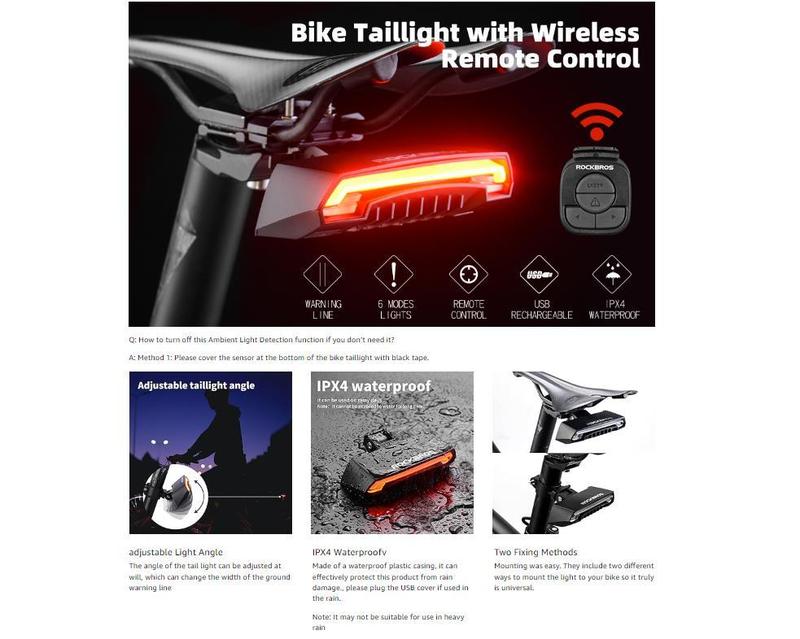 ROCKBROS Bike Tail Light Smart with Turn Signals, Wireless Remote Control Brake Bike Rear Light USB Rechargeable Bicycle Back Warning Light for Night Riding Safety