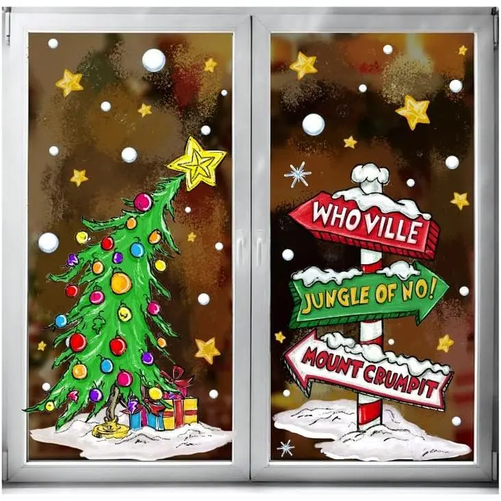 4 Sheets Christmas Window Clings Decorations,Extra Large Double-Sided Reusable Decals Rustic Curved Christmas Tree Arrow Yard Sign Stickers for Xmas Winter Home Office Party Glass Decor Decorative Smooth