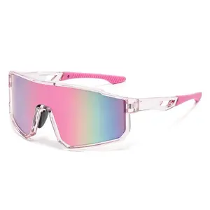 Y2K Pink Shield Sunglasses for Women – Transparent Frame Rainbow Mirror Lens UV400 Protection | Trendy Oversized Shades for Festivals, Raves, Streetwear & Sports