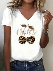 Leopard Print Cherry Pattern V-Neck Short Sleeve T-Shirt, Soft Stretch Fabric, Summer Casual Top, Fashionable Women's Wear, Lady