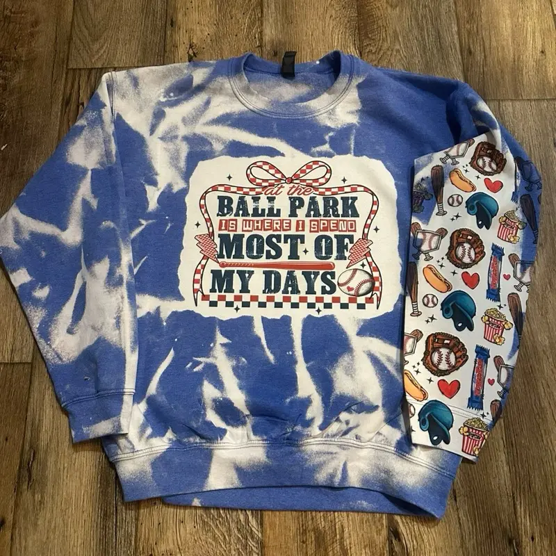 At the Ball Park Baseball Crewneck Bleached Sweater - Pullover Sweatshirt with Baseball Theme Design