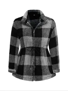 Blue Plaid Fleece Zipper Jacket, Vintage Casual Style, Warm Fleece, Grid Design, Fall Winter Women's Daily