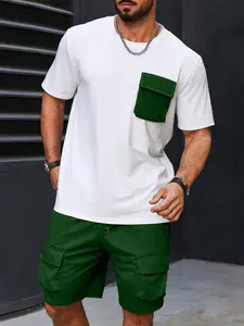 Men's Plus Size 2xl-6xl Street Style Colorblock Pocket T-Shirt & cargo shorts, Summer Casual Set, Fashionable