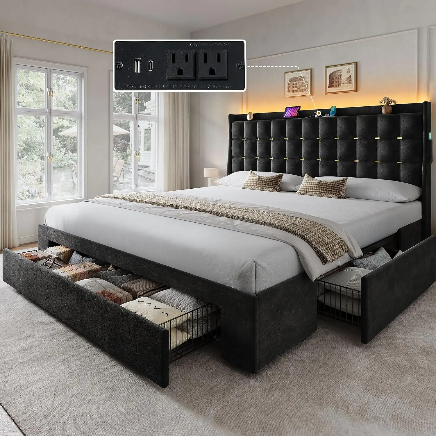 【Ships in 2 Packages】YITAHOME King Size Bed Frame with 3 Storage Drawers and LED Lights, Black Velvet Upholstered Platform Bed with Charging Station and Storage Headboard, No Box Spring Needed, Easy Assembly, Noise-Free