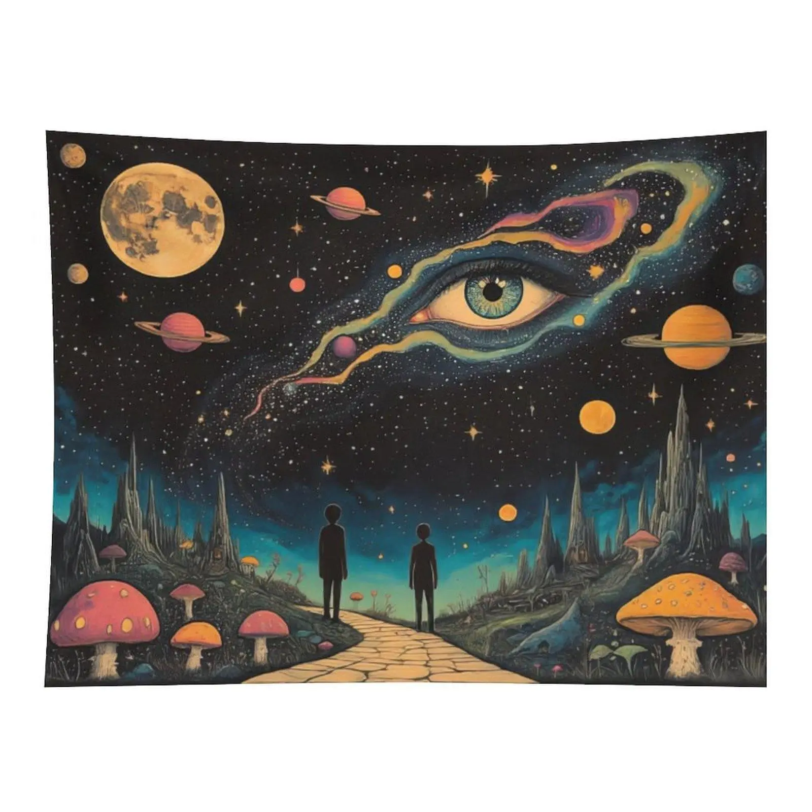Trippy Cosmic All Seeing Eye Planet Giant Mushroom Fantasy Forest Wall Tapestry Wall Hanging, Surreal Psychedelic Space Art Decor for Hippie Bedroom Meditation Dorm Spiritual Background