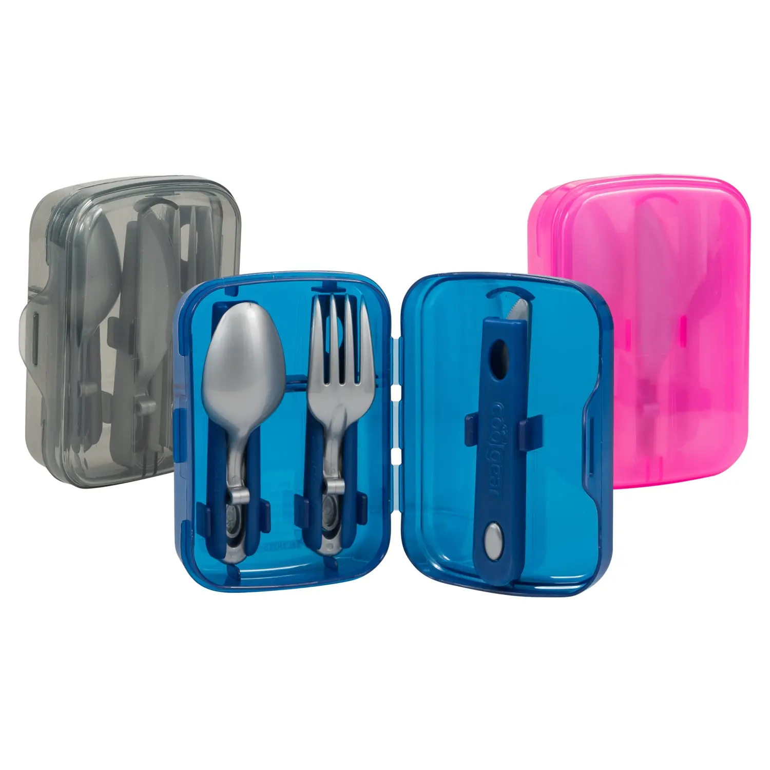 COOL GEAR 3-Pack Travel Reusable Utensil Set with Slider Carry Case | Portable Knife, Fork, Spoon Silverware, Eco-Friendly Cutlery for Camping, Picnics, Kids & Adults - Gray, Pink, & Blue