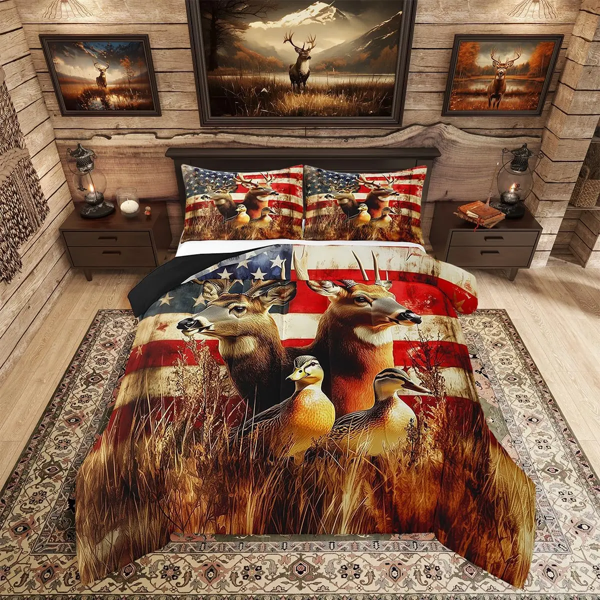 Feelyou American Flag Themed Bedding Set - Jungle Hunting Woodland Deer Decorative Comforter, Rustic Cabin Western Brown Animal Bedroom Bedding Set, Decorative Bedding Set