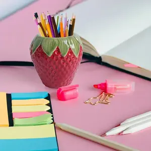 Strawberry Ceramic Pen Holder, Multifunctional Desktop Organizer, Storage Pen & Makeup Brush Holder, Office & Home Decor