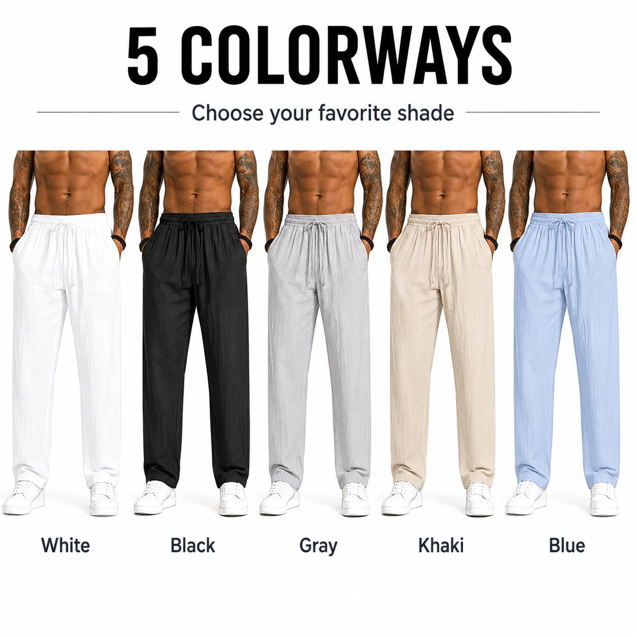 3-pack men’s casual pants, 100% cotton-linen comfortable, soft, breathable, lightweight drawstring pants with pockets, suitable for summer everyday wear, sports, leisure, and outdoor beach activities.