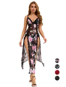 Women Lingerie Sexy Babydoll Nightgowns Lace V Neck Nightdress Side Split Long Slip Chemise Sleepwear For Holiday Daily Wear S-2XL