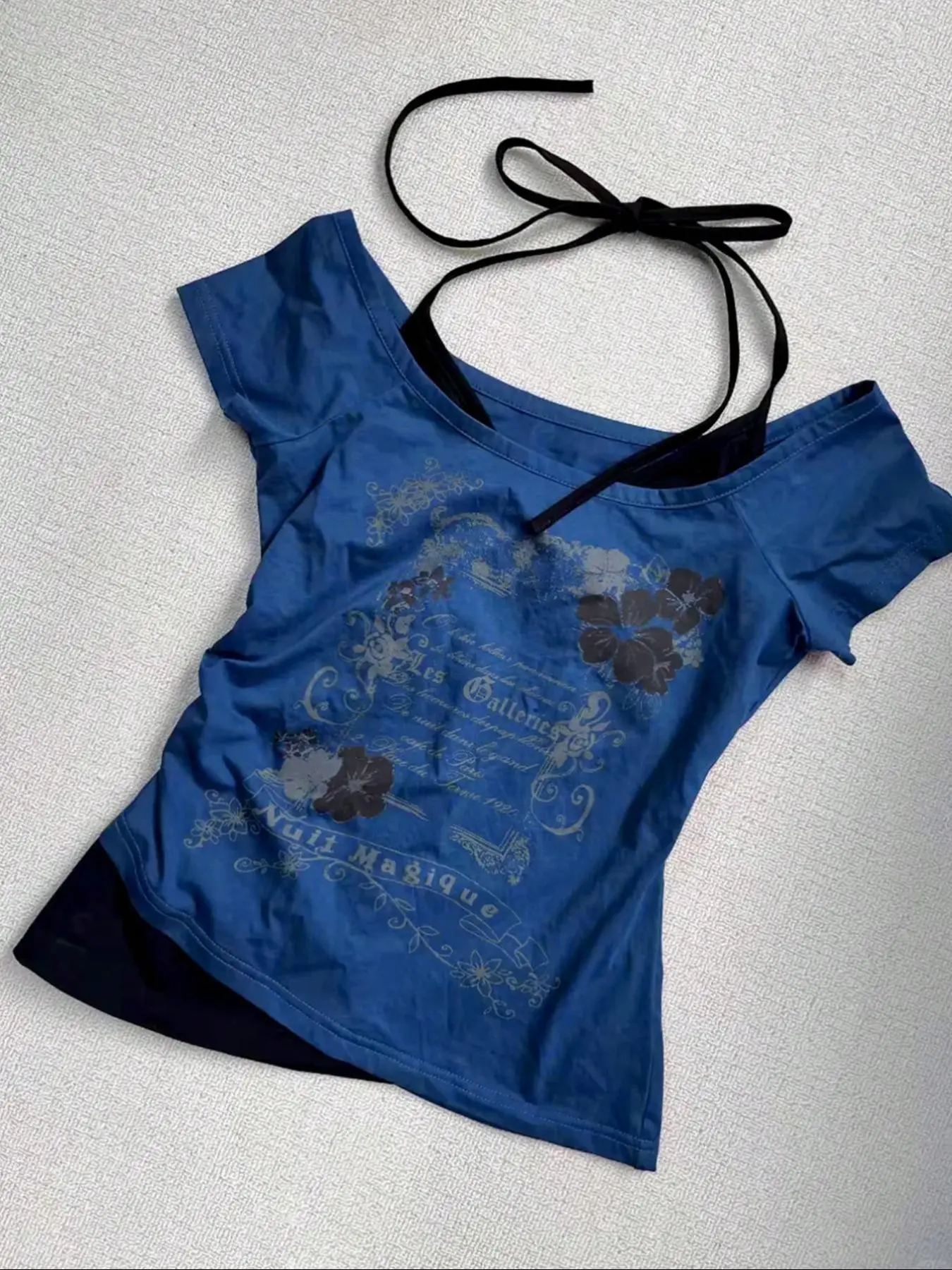 Women's 2 in 1 Floral & Letter Print Halter Tee, Y2k Casual Top for Summer, Ladies Clothes for Daily Wear