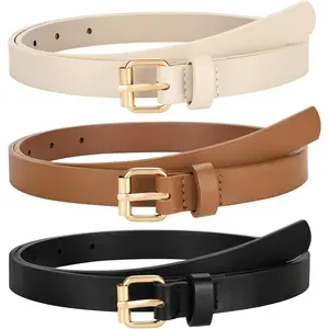 3 Pack Women Skinny Leather Belt for Jeans Pants Dress Ladies Thin Waist Belt with Gold Buckle