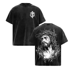 Vintage Washed Grey Jesus Graphic T-Shirt, Streetwear Aesthetic Crown of Thorns Tee, Heavyweight Oversized Christian Apparel, Religious Faith Gift for Men & Women
