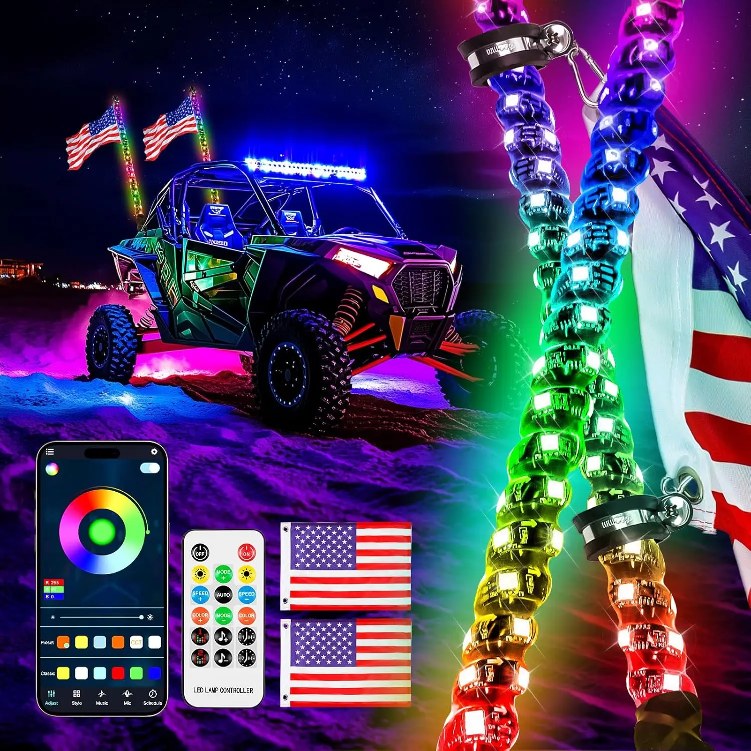 2PCS 4FT LED Whip Lights for UTV ATV Whip Lights for Side by Side RGB Chasing Dancing Lighted Antenna Whips with APP Remote Control for RZR Can Am SXS Jeep Truck Pickup Polaris Dune Buggy Led Backlights