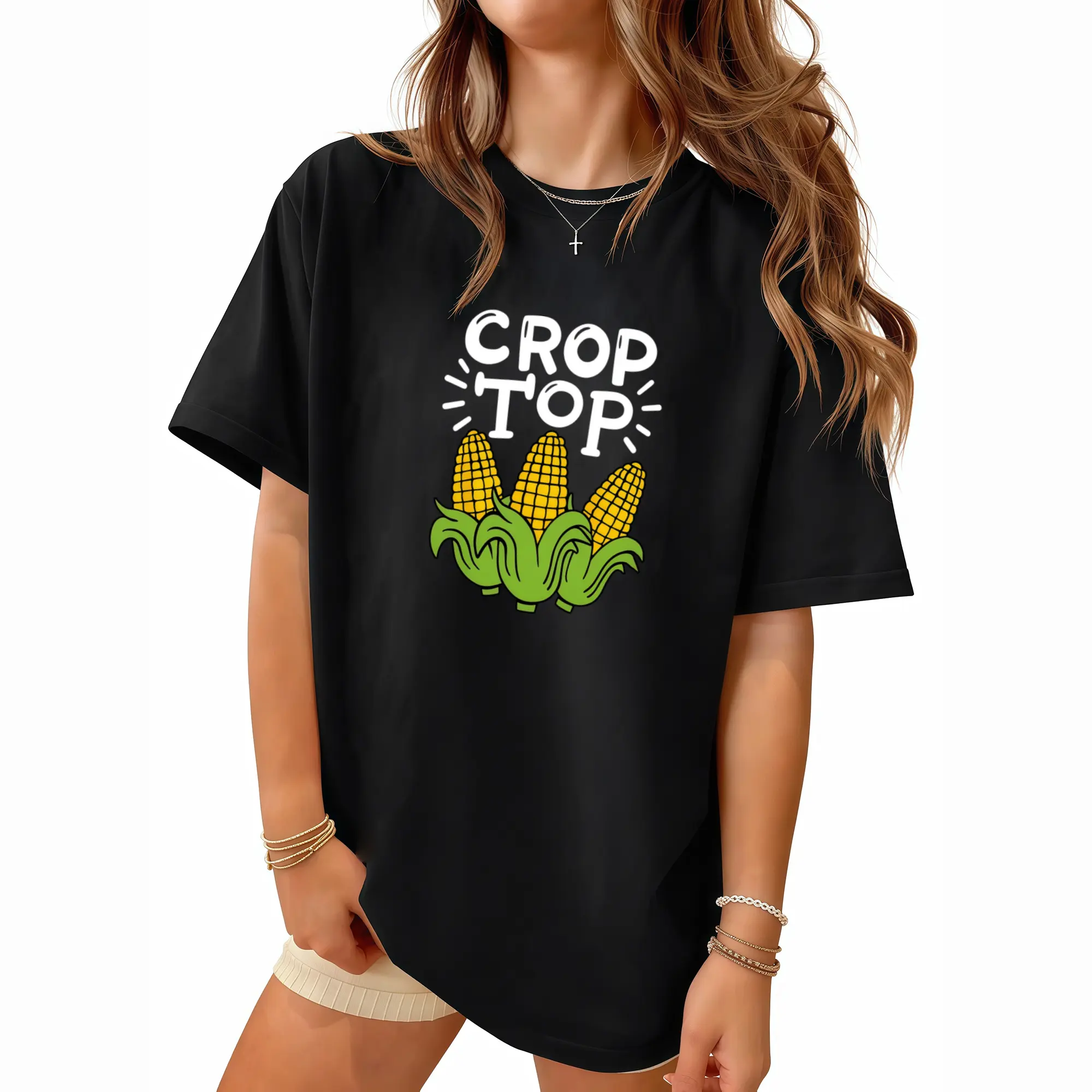 Women's Printed Crop Top - Unisex Fit, Corn Graphic, Casual Round Neck, Machine Washable, Black with Green Design, Ideal for Spring & Summer Casual Attire