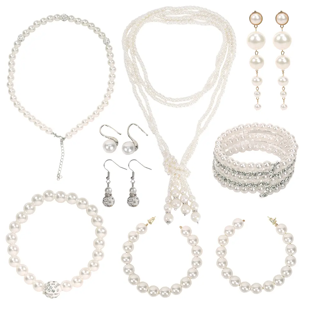 8 Pcs Pearl Necklace Earrings Set Gift for Women Pearl Bracelets Costume Jewelry Set for Wedding Birthday Bridal Shower Party