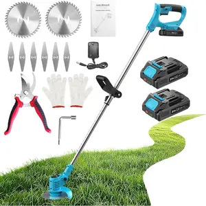 Weed Wacker, Cordless String Trimmer 21V with 2  2.0Ah, 2 Types Metal   Grass Trimmer, Pruning Shears, Adjustable Pole Weed Trimmer for Garden and Yard Lawn, Blue