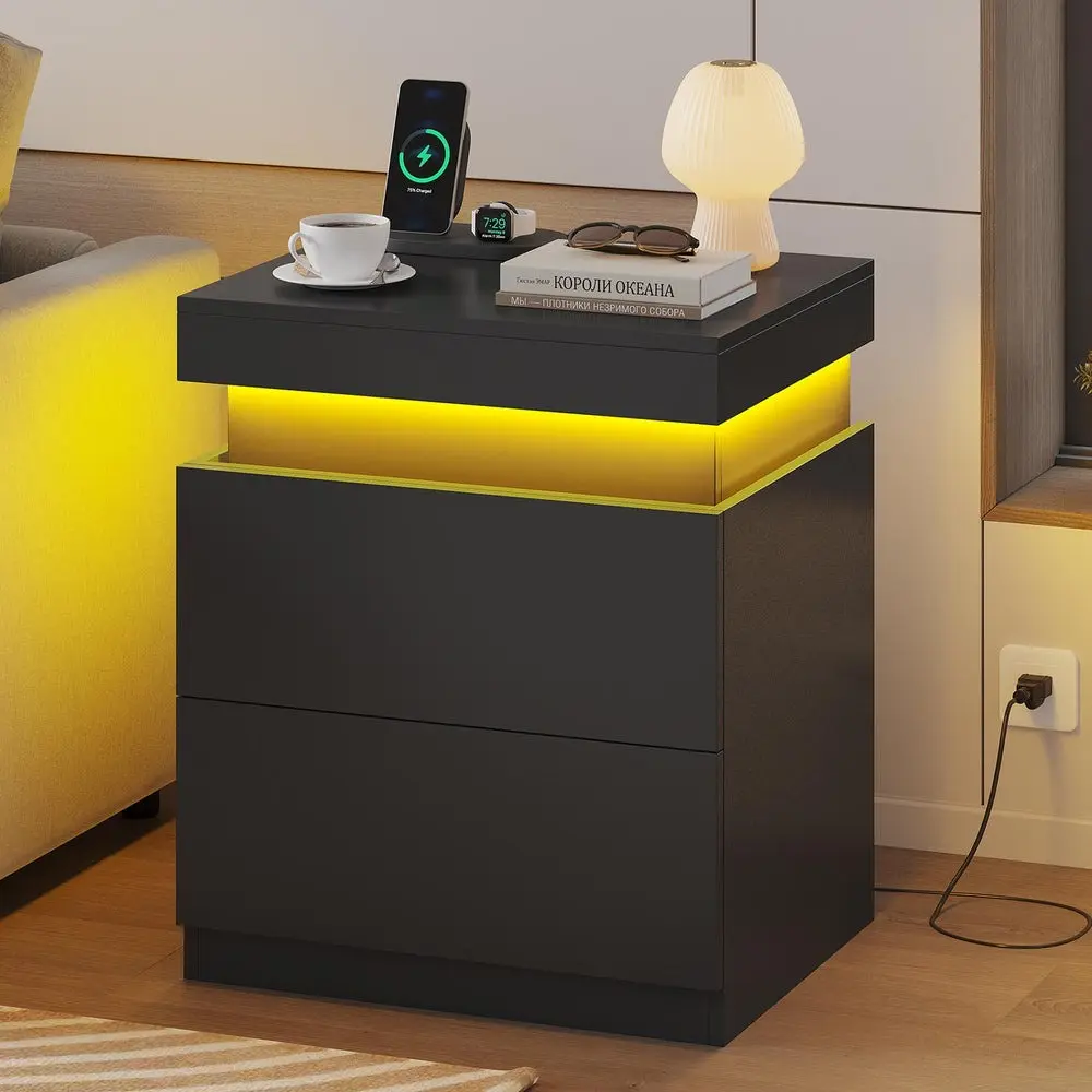 SIKAIC Engineered Wood LED Nightstand with Charging Station - 2 AC Outlets, Glide Sliding Top, 2 Drawers, App-Controlled RGB Lights for Bedroom Indoor Furniture