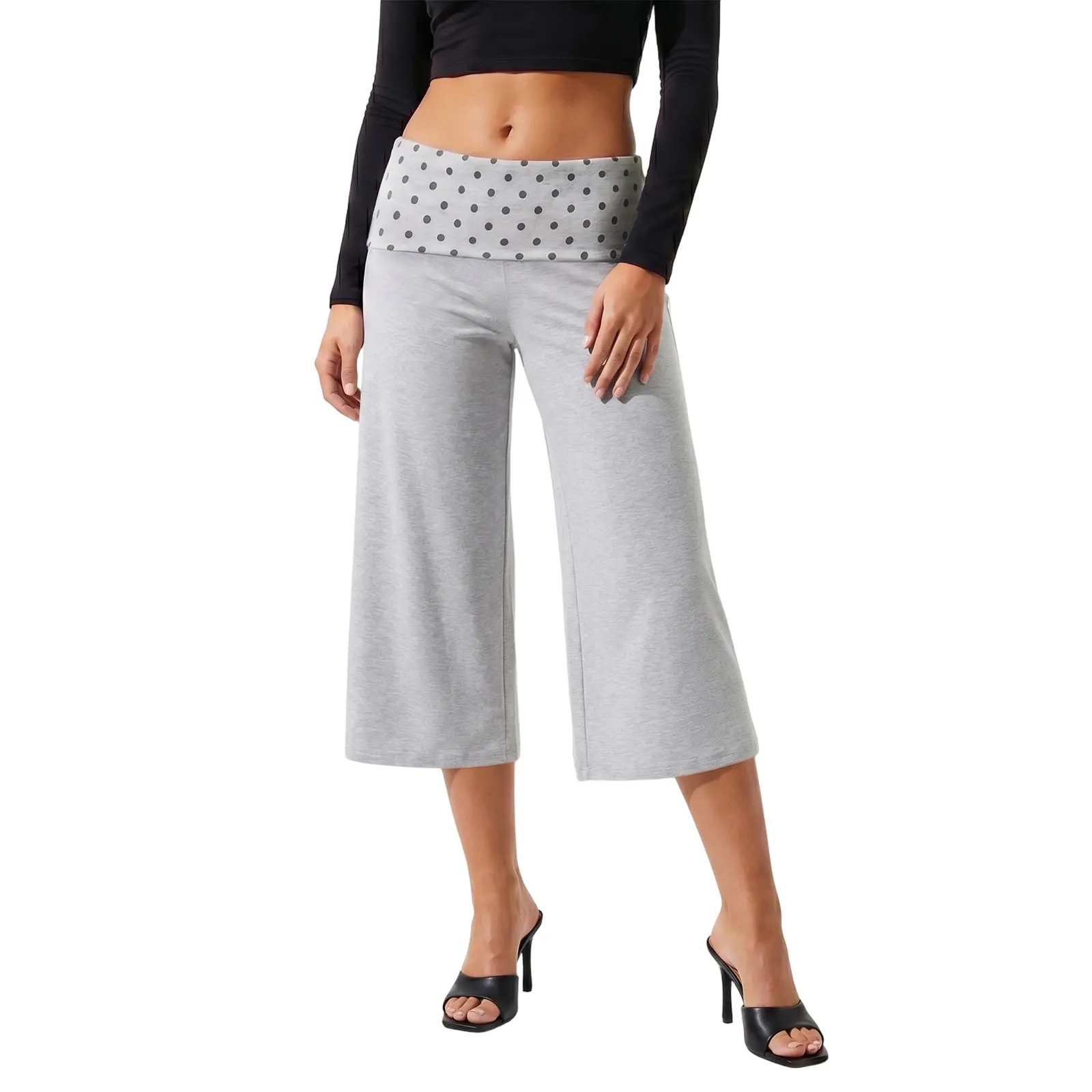 Women's Low Rise Wide Leg Capri Pants, Casual Solid Color Polyester Trousers with Fold Over Waist and Rolled Hem