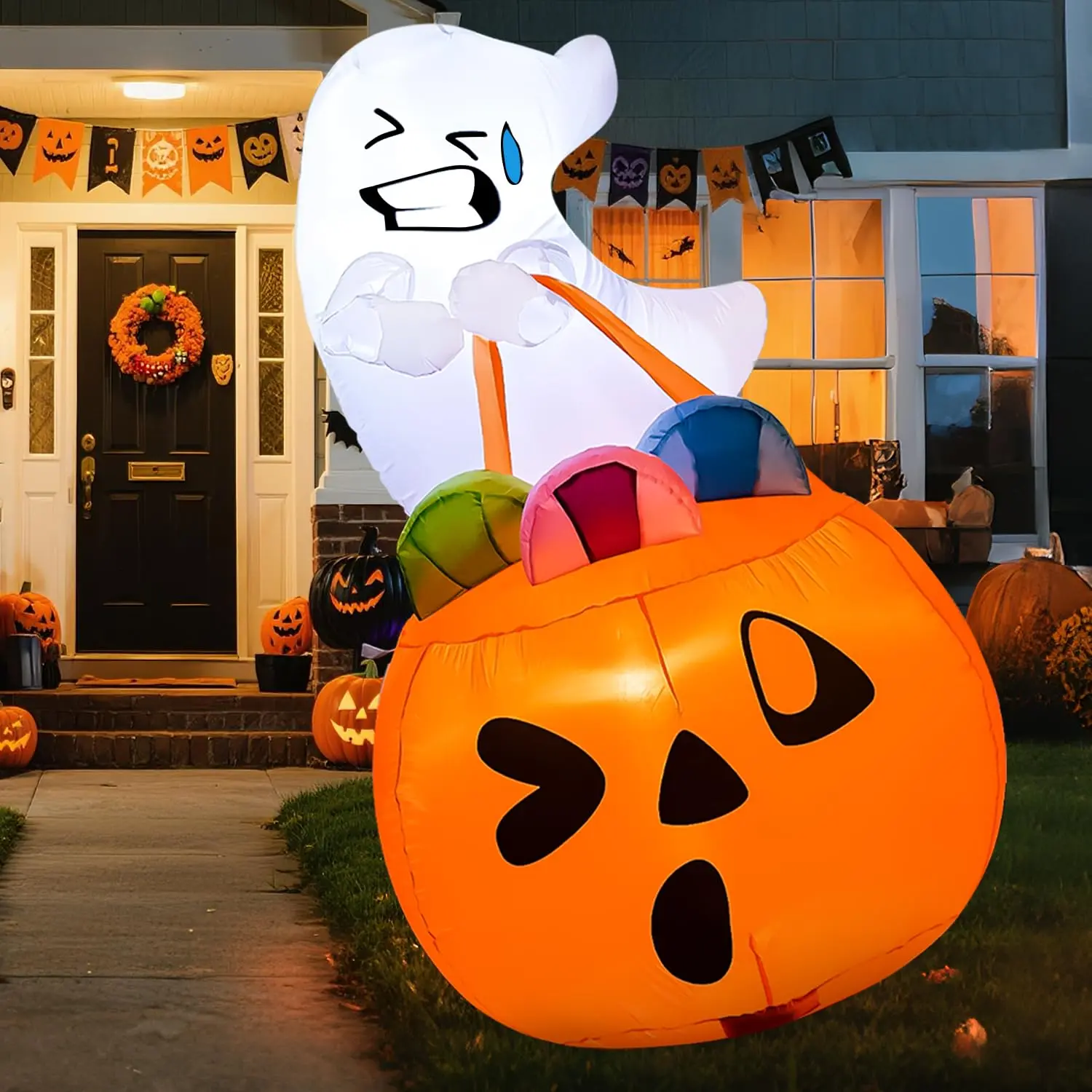 5 FT Halloween Inflatable Cute Ghost Holding Pumpkin Candy Bag with Built-in LED Lights, Blow-Up Outdoor Decoration for Lawn, Garden, Porch & Holiday Party (Novelty Toy)