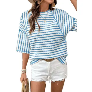 Womens Summer Tops Oversized Tshirts for Women Striped Color Block Short Sleeve T Shirts Crewneck Casual Tee Blouses