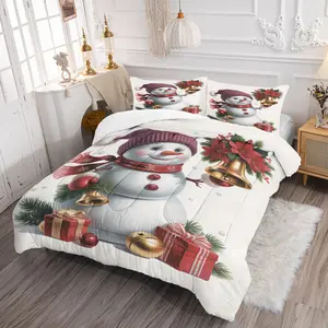 Christmas Snowman Snowflake Print Bedding Set, Includes 1 Quilt and 1/2 Pillowcases, Nordic Style Bedroom Decor