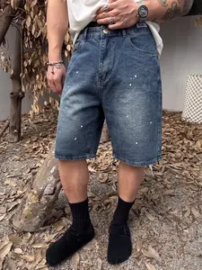 Men's Thick Classic Retro Streetwear Jean Shorts - Vintage Washed, Baggy Jorts, Premium Fabric with Splatter Detail & Pockets, Casual Menswear Aesthetic Bottoms for Summer Outdoor Use,summerwins