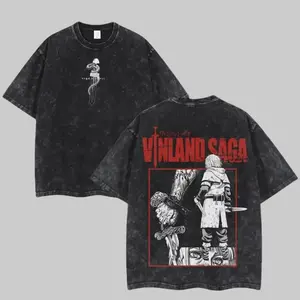 Vinland Saga Washed Vintage T-Shirt Men Women Anime Graphic Tee Thorfinn Oversized Acid Wash Cotton Streetwear Harajuku Japanese Manga Casual Summer Unisex Fashion Gift