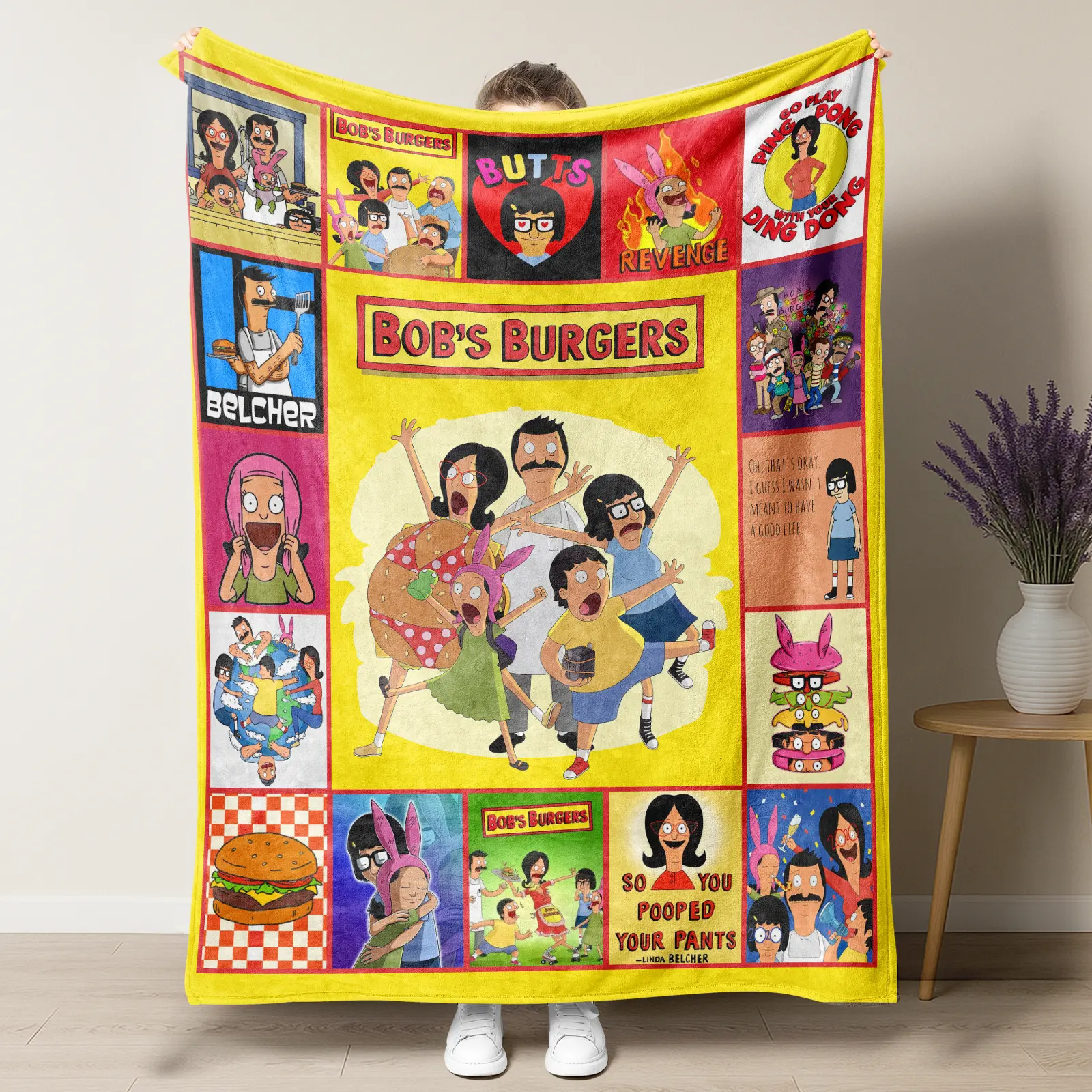 Bob's Burgers Collage Blanket – Vibrant Cartoon Design Featuring Belcher Family, Iconic Quotes & Burger Motifs, Perfect for Nostalgic Animated Comedy Fans