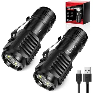 Rechargeable Mini Flashlights with  Base, 2 Pack Bright 3 LED Flash Lights, Small EDC Flashlight with Belt Clip, 4 Modes Portable Rechargeable Flashlights for  Camping