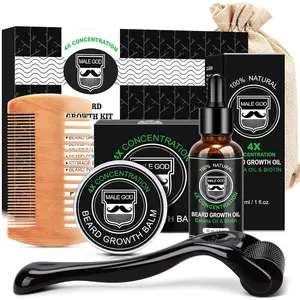 MALE GOD Beard Growth Kit, Beard Kit w/Upgraded Beard Growth Oil - Biotin and Batana Oil, Beard Growth Balm, Beard Massager for Spot/Patchy Beard, Birthday Gifts for Him Boyfriend Husband