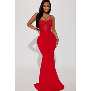 Women's Bella Embellished Spaghetti Strap Corset Gown - Red, Polyester-Spandex Fabric, Bra-Enhanced Design