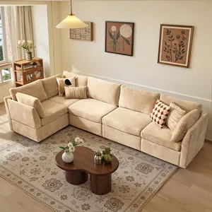 Oversized Corner Modular Sectional Plush Corduroy Fabric Sofa Set, Extra Large 5 seat L Shaped Corner Sectional Cloud Couch for Living Room, 130 inch Width,5 Seat and 1 Middle Corner
