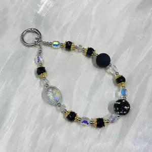 Black transparent combined mobile phone lanyard personalized beaded rhinestone ball pendant creative handmade chain wrist pendant