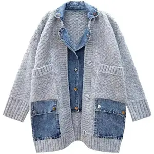 Loose Denim Patchwork Winter Women’s Knitted Jacket, Women’s Faux Two-Piece Versatile Cardigan, Wool Sweater GARMENTARY