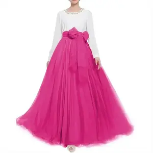 Women Wedding Long Maxi Puffy Tulle Skirt Floor Length A Line with Bowknot Belt High Waisted for Wedding Party Evening