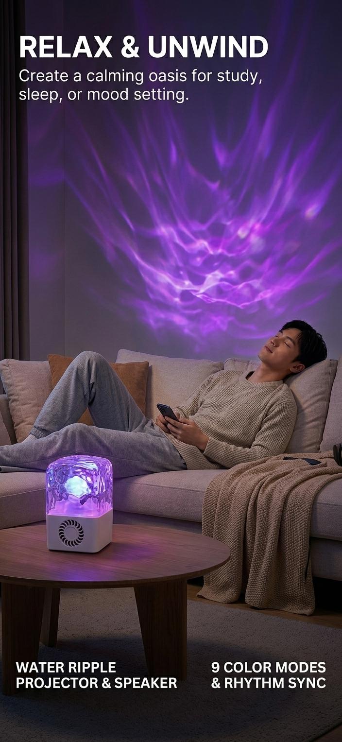 HOGNC Ocean Dream Speaker lamp with 3D Ripple Effects, 9 Color Changing RGB Night Light, 360° Hi-Fi Bluetooth, Portable Wireless Music Player for Bedroom, Home Decor, Party, Gifts. fairy .  aurora borealis lamp. Adjustable