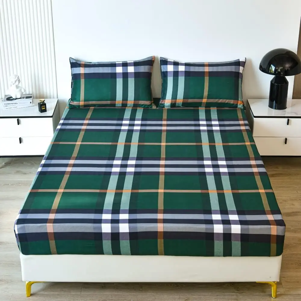 Feelyou Twin Microfiber Bed Sheets Set - Machine-Washable, Comfortable Fiber Fitted Sheet Cover with Deep Pockets, Elastic Fit, Green Buffalo Check Plaid Grid Print, Modern Geometric Stripe Decorative Bedding, Machine-Washable Fitted Sheets, Comfortable F
