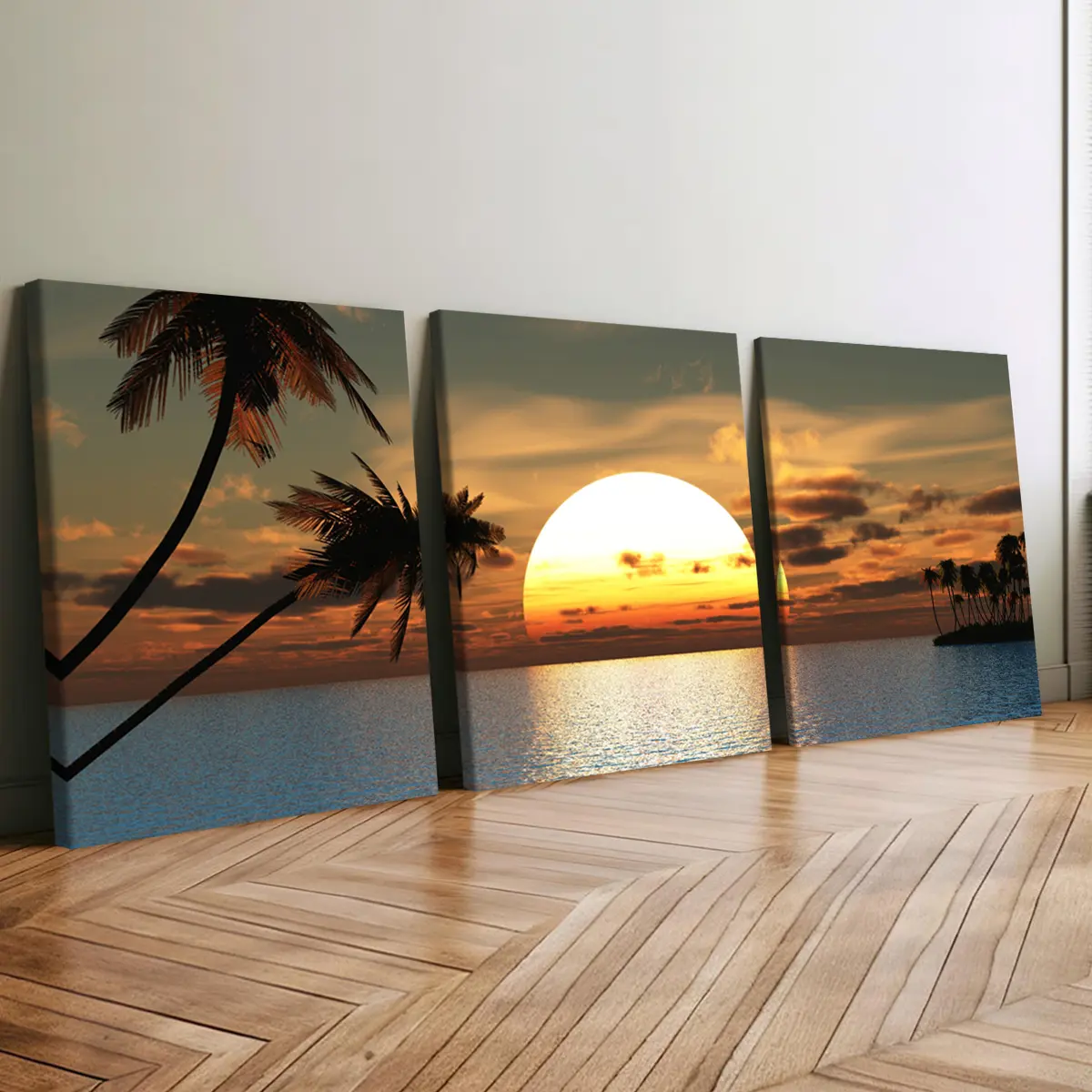 3Pcs Artistic Wooden-Framed Canvas Wall Art - Tropical Sunset Ocean Palm Tree Silhouette Posters, Waterproof Odourless Nature Prints, Ocean Sunset Vibe Fashion Gallery Wall Set for Living Room, Bedroom Decor Accents