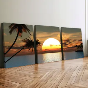 3Pcs Wooden Framed Canvas Painting, Tropical Sunset Ocean Palm Trees Silhouette, Exquisite Poster, Home Decoration, Pattern Wall Art Decor, For Living Room, Bedroom, Office, Restaurant, Bar Wall Decor, Waterproof, Odorless, Painting, Print Artwork.