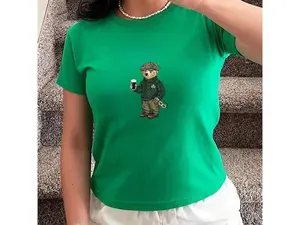 [Sale Up To 50%] Y2K St Patricks Day Bear Baby Tee, Retro Irish 90s Baby Tee, Womens St Pattys Day Shirt, Lucky Girl Irish Shirt, Shamrock Bar Crawl Shirts, Womens Graphic Tee