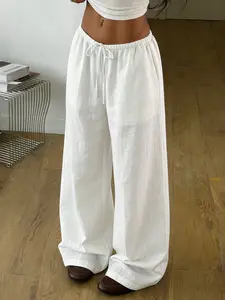 Women's White Wide Leg Pants, Adjustable Drawstring Elastic Waist Loose Trousers For Beach & Casual Summer Wear