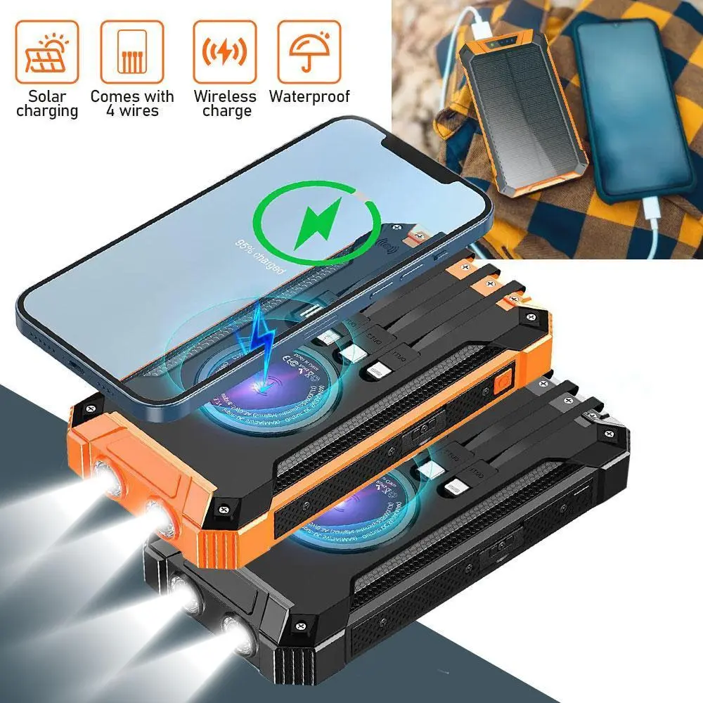 10000mAh Power Bank Wireless Charger - Built-in 4 Cables, Six Outputs, 15W Fast Charging - Solar Portable Charger with Dual Flashlight, Carabiner