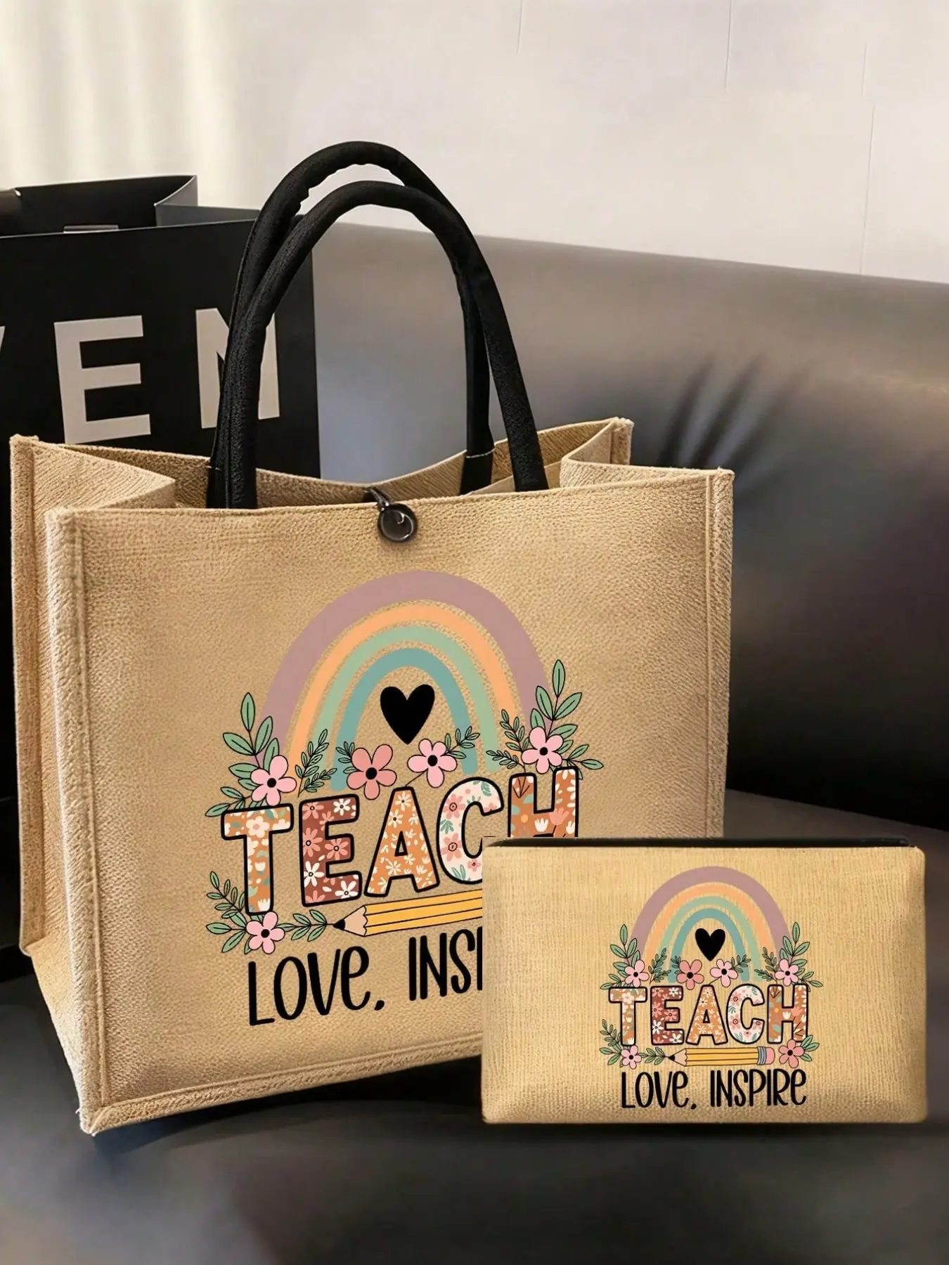 Linen Tote Bag and Coin Purse Set with Teacher, Pencil, and Floral Patterns, Reusable Storage Bag for Teachers and Students, Trendy Commuting Bag, Daily Commuter Bag