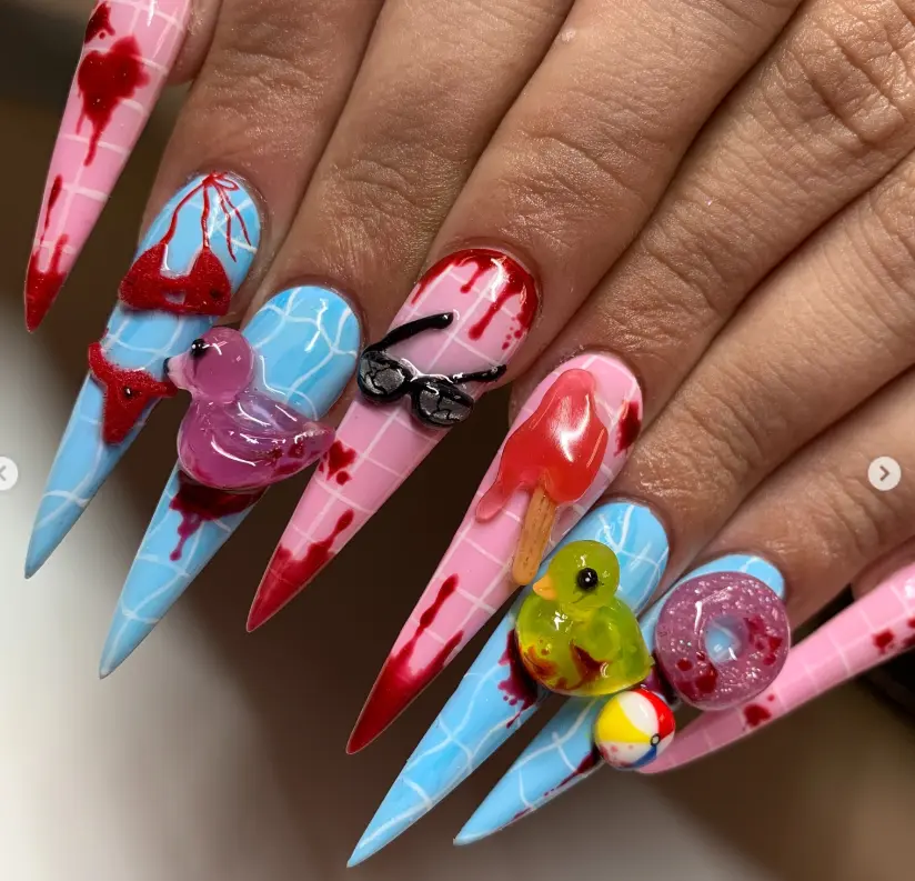 Fun and Gory: Playful Nail Art with Popsicles, Toys, and Blood Drips, nailart, creative, playfulnails, popart, quirky, nailsdesign
