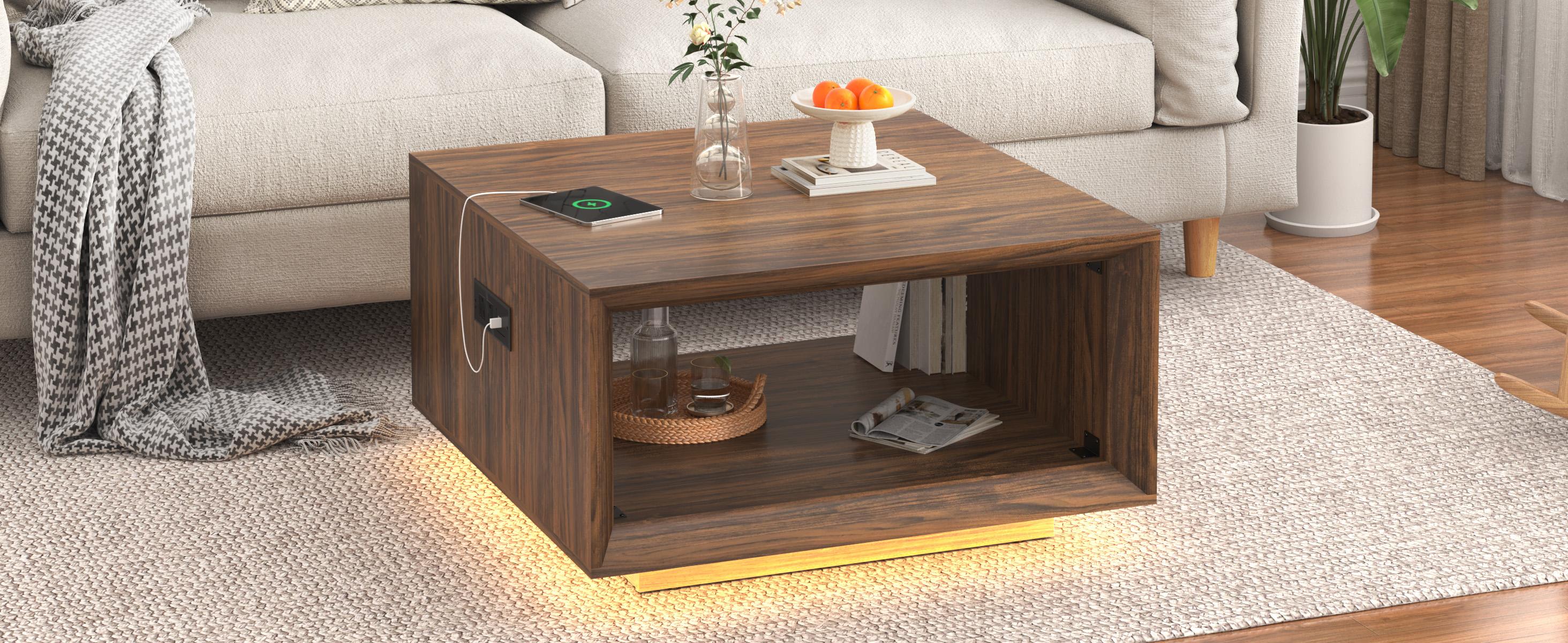 32" Mid Century Modern Coffee Table with LED Light & Power Outlet, 2-Tier Square Storage Coffee Table for Living Room, Deep Beveled Edge Thick Wood Cocktail Table