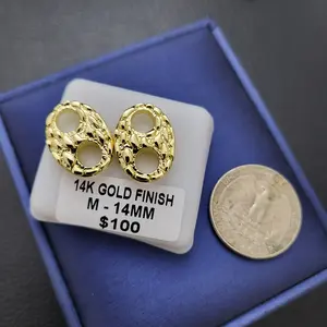 14K Solid Gold Plated High-End Brass Nugget Puffed Mariner Link Stud Bling Earrings Luxury Fashion Unisex Men Women