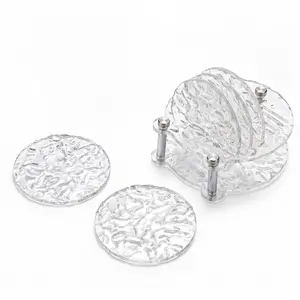 Clear Acrylic Coasters Set of 5, Round Ice Crackle Texture, Non Slip Desktop Protection Pad, Home Decor, Tea Party Gift, with Storage Holder